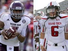 FILE - At left, in a Sept. 20, 2014, file photo, Texas A&M quarterback Kenny Hill (7) scrambles in the first half of an NCAA college football game against SMU, in Dallas. At right, in an Aug. 30, 2013, file photo, Texas Tech quarterback Baker Mayfield (6) gets ready to take the field for an NCAA college football game against Southern Methodist in Dallas. Hill began his college career at Texas A&M. Mayfield at Texas Tech. Mayfield is considered a Heisman favorite with No. 2 Oklahoma and going opposite Hill and No. 10 TCU in the Big 12 championship game on Saturday, Dec. 2, 2017. (AP Photo/File)