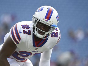 FILE - In this Thursday, Aug. 10, 2017 file photo, Buffalo Bills cornerback Tre'Davious White (27) warms up before a preseason NFL football game in Orchard Park, N.Y. Bills rookie cornerback Tre'Davious White says he's willing to forgive and forget Patriots tight end Rob Gronkowski for blindsiding him in the back of the head during Buffalo's loss to New England on Sunday, Dec. 3, 2017.