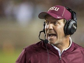 FILE - In this Oct. 29, 2016, file photo, Florida State coach Jimbo Fisher shouts instructions during the team's NCAA college football game against Clemson in Tallahassee, Fla. Two people with direct knowledge of the decision say Fisher has resigned to take the same job at Texas A&M. Fisher handed in his resignation after a meeting with university President John Thrasher on Friday, Dec. 1, 2017. according to the people who spoke on condition of anonymity because Florida State had not announced the move. (AP Photo/Mark Wallheiser, File)