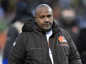 File-This Dec. 10, 2017, file photo shows Cleveland Browns head coach Hue Jackson walking off the field after an NFL football game against the Green Bay Packers in Cleveland.