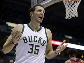 FILE - In this Sunday, Jan. 8, 2017 file photo, Milwaukee Bucks' Mirza Teletovic reacts to a call during an NBA basketball game against the Washington Wizards in Milwaukee. Milwaukee Bucks forward Mirza Teletovic will be out indefinitely because of a blockage in his lungs. The team said Thursday, Dec. 14, 2017 that pulmonary embolisms were discovered in both of Teletovic's lungs.