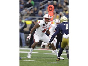 File- This Oct. 28, 2017, file photo shows North Carolina State defensive end Bradley Chubb (9) in action during the first half of an NCAA college football game against Notre Dame in South Bend, Ind. Chubb hasn't talked to reporters while doing only side work during practice for the Sun Bowl. Wolfpack coach Dave Doeren isn't making much of a secret of Chubb most likely sitting out the game against Arizona State, which would be the second straight year that the biggest story for the oldest bowl game in Texas was a highly touted NFL prospect opting not to play.