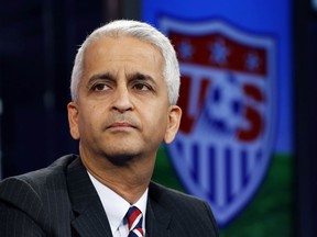 FILE - This Oct. 10, 2014, file photo shows Sunil Gulati, president of the United States Soccer Federation, during a press conference in Bristol, Conn. U.S. Soccer Federation president Sunil Gulati will not seek a fourth term, announcing his decision two months after the Americans failed to qualify for next year's World Cup. The 58-year-old Gulati, who announced his decision Monday, Dec. 4, 2017 has been a driving force in the USSF for more than 30 years.
