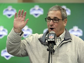 File-This March 1, 2017, file photo shows former Carolina Panthers general manager Dave Gettleman speaking during a press conference at the NFL Combine in Indianapolis. The New York Giants have hired Gettleman as their general manager. The Giants (2-13) announced the hiring of the 66-year-old Gettleman on Thursday, Dec. 28, 2017, and planned to introduce him at a news conference Friday.