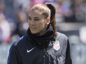 FILE - In this April 10, 2016, file photo, United States' Hope Solo waits for the team's international friendly soccer match against Colombia in Chester, Pa. Former national team goalkeeper Solo says she's running for president of U.S. Soccer. Solo made the announcement Thursday night, Dec. 7, 2017, on Facebook. It comes less than a week after current U.S. Soccer Federation President Sunil Gulati said he will not seek a fourth term. His decision came in the wake of the October failure of the U.S. men's team to qualify for the 2018 World Cup.