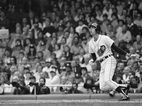 FILE - In this Oct. 13, 1984, file photo, Detroit Tigers' Alan Trammell hits a two-run home run in the first inning of World Series Game 4 against San Diego Padres at Tiger Stadium in Detroit. Former Tigers teammates Jack Morris and Trammell were elected to the baseball Hall of Fame on Sunday, Dec. 10, 2017, completing the journey from Motown to Cooperstown.