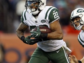 FILE - In this Dec. 10, 2017, file photo, New York Jets running back Matt Forte (22) runs against the Denver Broncos during the second half of an NFL football game in Denver. Forte says he has been playing on one leg since the team's bye week last month but has no intentions of calling it a career.