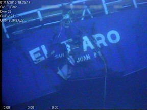 FILE - This undated image made from a video released April 26, 2016, by the National Transportation Safety Board shows the stern of the sunken ship El Faro. Federal accident investigators on Tuesday, Dec. 12, will determine the probable cause of the sinking of the cargo ship, the worst maritime disaster for a U.S.-flagged vessel in decades that resulted in the deaths of 33 mariners.  (National Transportation Safety Board via AP, File)