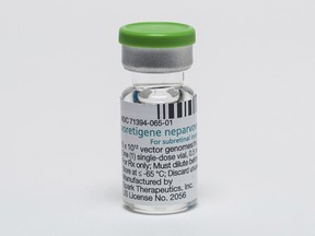 This photo provided by Spark Therapeutics shows the company's Luxturna (voretigene neparvovec-rzyl) product vial. On Tuesday, Dec. 19, 2017, the Food and Drug Administration approved the therapy which improves the vision of patients with a rare form of inherited blindness, another major advance for the burgeoning field of genetic medicine. (Courtesy of Spark Therapeutics via AP)