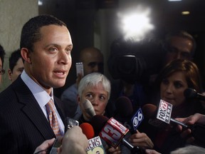 FILE - In this Monday, Jan. 25, 2010, file photo, Harold Ford Jr. talks to reporters at the Capitol in Albany, N.Y. On Thursday, Dec. 7, 2017, Morgan Stanley fired former Congressman Ford following allegations of misconduct. In a tweet Ford denied the allegations. Ford joined Morgan Stanley in 2011 as a managing director. He was a Democratic congressman for Tennessee from 1997 to 2007.