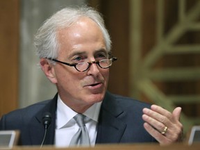 FILE - In this Oct. 30, 2017 photo, Senate Foreign Relations Committee Chairman Sen. Bob Corker, R-Tenn., speaks during a Senate Foreign Relations Committee hearing on "The Authorizations for the Use of Military Force: Administration Perspective" on Capitol Hill in Washington. Democrat James Mackler says he's dropping out of the U.S. Senate race in Tennessee to replace Corker, a move that appears to clear the path to the Democratic nomination for former Gov. Phil Bredesen.
