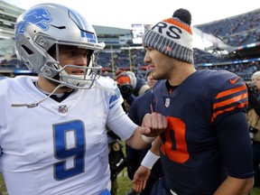 FILE - In this Sunday, Nov. 19, 2017, file photo, Detroit Lions quarterback Matthew Stafford (9) and Chicago Bears quarterback Mitchell Trubisky (10) greet each other after an NFL football game,, in Chicago. The Lions won 27-24. Both coaches will be leaning on their quarterbacks, Matthew Stafford and Mitchell Trubisky, to make all the right moves on Saturday in Detroit.