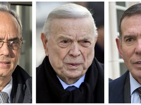 FILE - In these 2017 file photo, three former South American soccer officials, from left, Manuel Burga, of Peru; Jose Maria Marin, of Brazil; and Juan Angel Napout, of Paraguay, accused of accepting millions of dollars in bribes, are shown outside federal court in the Brooklyn borough of New York. The three are among the more than 40 soccer officials, businessmen and entities charged in a scandal that's shaken FIFA, soccer's governing body. (AP Photo/File)