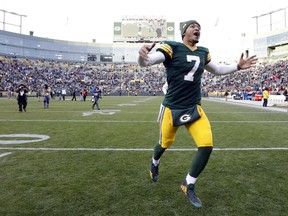 FILE- In this Sunday, Dec. 3, 2017, file photo, Green Bay Packers' Brett Hundley celebrates after  their 26-20 win in overtime against the Tampa Bay Buccaneers in an NFL football game in Green Bay, Wis. As star quarterback Aaron Rodgers recovers from a broken collarbone, Hunley will lead the Packers against the winless Cleveland Browns.