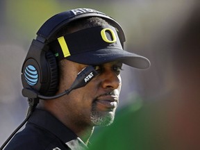 FILE - In this Oct. 21, 2017, file photo, Oregon head coach Willie Taggart looks on from the sideline during the second half of an NCAA college football game against UCLA in Pasadena, Calif.  A person with direct knowledge of the situation says Willie Taggart has agreed to become Florida State's next football coach.  The person says Taggart has called a team meeting to inform his Oregon players he is heading to Tallahassee to replace Jimbo Fisher. Florida State. The person spoke to The Associated Press Tuesday, Dec. 5, 2017, on condition of anonymity because neither school had announced the move.