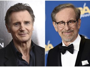 This combination photo shows Liam Neeson at a screening of "Concussion" in New York on Dec. 16, 2015, left, and director Steven Spielberg at the 68th Directors Guild of America Awards in Los Angeles on Feb. 6, 2016. Neeson was in the 1994 Academy Award-winning film, "Schindler's List," directed by Spielberg. (Photo by Evan Agostini, left, and Chris Pizzello/Invision/AP)
