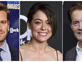 This combination photo shows, from left, Miranda Cosgrove, Armie Hammer, Tatiana Maslany, Kyle MacLachlan and Salma Hayek, who have shared details of their holiday traditions with The Associated Press.  (AP Photo/File)