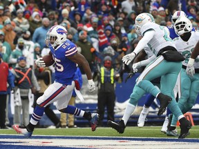 Buffalo Bills' LeSean McCoy (25) rushes past Miami Dolphins' T.J. McDonald (22) for a touchdown during the first half of an NFL football game Sunday, Dec. 17, 2017, in Orchard Park, N.Y.