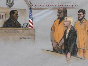 FILE - In this June 19, 2015, file, courtroom sketch, David Wright, second from left, is depicted standing before Magistrate Judge Donald Cabell, left, with attorney Jessica Hedges, second from right, and Nicholas Rovinski, right, during a hearing in federal court in Boston. Prosecutors will ask the judge on Tuesday, Dec. 19, 2017, in Boston to sentence 28-year-old Wright to life in prison for his role in the plot to kill Pamela Geller. The plot was never carried out.