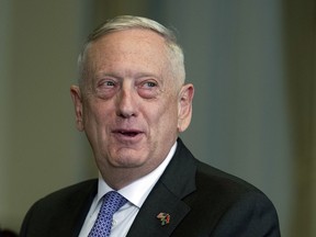 In this Nov. 30, 2017, photo, Defense Secretary Jim Mattis responds to a reporter's question during a meeting with Libyan Prime Minister Fayez Serraj at the Pentagon. Mattis will meet with Pakistan leaders Monday to seek common ground on the counterterrorism fight, amid the Trump administration calls for Islamabad to more aggressively go after the insurgents moving back and forth across the border with Afghanistan.