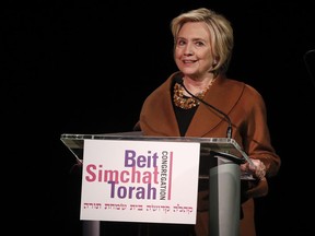 Former Secretary of State Hillary Clinton speaks during a benefit to celebrate the 25th anniversary of Rabbi Sharon Kleinbaum at the Congregation Beit Simchat Torah, Monday, Dec. 4, 2017, in New York.