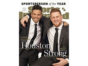 This image provided by Sports Illustrated shows the cover for the December issue of the magazine, featuring Houston Astros' Jose Altuve, left, and Houston Texans' J.J. Watt. On Monday, Dec. 4, 2017, the two were honored by Sports Illustrated when they were given the magazine's prestigious Sportsperson of the Year award. (Sports Illustrated via AP)