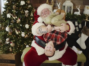 In this undated image provided by Allicia Leaper of Crush Photography, Scott Diethorne, dressed as Santa, poses for a photo with at child upside down in his arms. Diethorne, the beloved Santa with "naughty" tattooed on one arm and "nice" tattooed on the other, has been asked to tone down his typically goofy poses at a suburban Philadelphia mall, leaving some fans miffed.