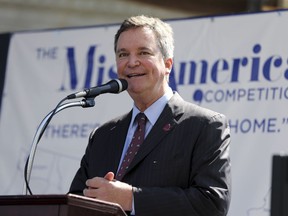 FILE- In this Aug. 30, 2016, file photo, Sam Haskell, left, CEO of Miss America Organization, speaks during Miss America Pageant arrival ceremonies in Atlantic City, N.J. Trashed by emails sent by pageant officials, former Miss Americas will help choose the new leaders of the Miss America Organization. The group told The Associated Press Wednesday, Dec. 27, 2017, that it is enlisting the help of former Miss Americas and state directors to recommend the next generation of leaders for the pageant. The ensuing uproar led to Haskell's resignation.