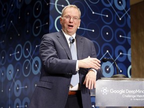 FILE- In this March 8, 2016, file photo, Eric Schmidt, executive chairman of Alphabet speaks during a press conference ahead of the Google DeepMind Challenge Match in Seoul, South Korea. Schmidt is stepping down as the executive chairman of Google parent Alphabet in January 2018. The company says he will become a technical adviser and will continue to sit on the board.
