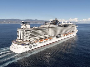 This Dec. 11, 2017 image provided by MSC shows the cruise line's new ship MSC Seaside off the coast of Trieste, Italy, following its launch. The ship was named best new ship of 2017 Tuesday, Dec. 12, in Cruise Critic's annual awards. The ship will be christened Dec. 21 in Miami before starting its sailings to the Caribbean. It features an interactive aquapark, an open-air promenade and beach-like condos. (MSC via AP)