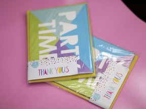 This Nov. 27, 2017 photo shows packs of Thank You cards lying on a table in Dallas, Texas, before being filled out.