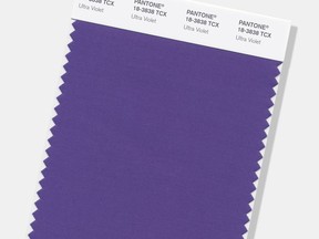 This image provided by the Pantone Color Institute shows the Pantone Color of the Year for 2018, called "Ultra Violet." The color experts at the Carlstadt, New Jersey-based Pantone say the deep purple shade was chosen to evoke a counterculture flair, a grab for originality, ingenuity and visionary thinking. Ultra Violet follows Pantone's 2017 Color of the Year, "Greenery." (Pantone Color Institute via AP)