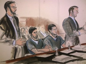 In this court room art, defendants Efrain Antonio Campos Flores, center left, and Franqui Francisco Flores de Freitas, center right, listen to proceedings during their sentencing hearing at federal court in New York, Thursday, Dec. 14, 2017. The men, who are nephews of Venezuela's first lady, were sentenced to 18 years in prison for their conviction on drug conspiracy charges. Standing at left is defense attorney John Zach and at right is defense attorney David Rody.