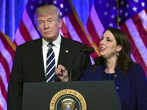President Donald Trump, left, listens as Republican National Committee chairwoman Ronna Romney McDaniel, right, speaks at a fundraiser at Cipriani in New York, Saturday, Dec. 2, 2017. Trump is attending a trio of fundraisers during his day in New York.