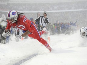 Buffalo Bills wide receiver Kelvin Benjamin scores a touchdown during the first half of an NFL football game against the Indianapolis Colts, Sunday, Dec. 10, 2017, in Orchard Park, N.Y.