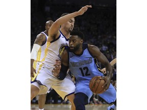 Memphis Grizzlies' Tyreke Evans (12) drives the ball against Golden State Warriors' Klay Thompson during the first half of an NBA basketball game Wednesday, Dec. 20, 2017, in Oakland, Calif.