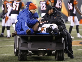 Cincinnati Bengals outside linebacker Vontaze Burfict is carted off the field after an apparent injury in the second half of an NFL football game against the Pittsburgh Steelers, Monday, Dec. 4, 2017, in Cincinnati.