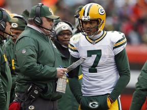 Green Bay Packers head coach Mike McCarthy, left, talks with quarterback Brett Hundley in the second half of an NFL football game against the Cleveland Browns, Sunday, Dec. 10, 2017, in Cleveland.
