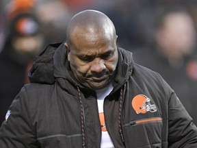 Cleveland Browns head coach Hue Jackson walks off the field after  a loss to the Green Bay Packers in an NFL football game, Sunday, Dec. 10, 2017, in Cleveland.