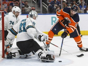 Patrick Maroon of the Edmonton Oilers is denied from close in by San Jose Sharks' goaltender Martin Jones during NHL action Monday night at Rogers Place. Maroon had a goal in the Oilers' 5-3 victory, giving them back-to-back wins.