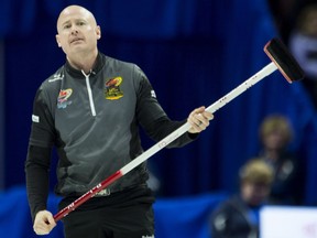 Skip Kevin Koe from Calgary reacts to a shot entering the house during the Canadian Olympic curling trials against Team Morris on Thursday in Ottawa.