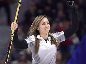Skip Rachel Homan of Ottawa celebrates after her throw in the 10th end to defeat Jennifer Jones during the women's semifinal at the 2017 Roar of the Rings Canadian Olympic Trials on Saturday, Dec. 9, 2017.