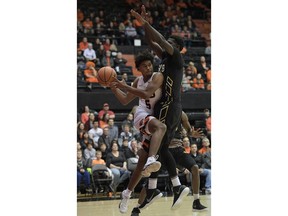 Oregon State guard Ethan Thompson (5) passes the ball around Arkansas-Pine Bluff's Artavious McDyess (21) during the first half of an NCAA college basketball game Saturday, Dec. 9, 2017, at Gill Coliseum in Corvallis, Ore.