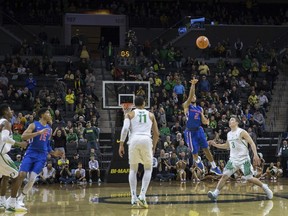 Boise State's Lexus Williams hits a buzzer-beater to defeat Oregon 73-70, snapping the Ducks' 46-game home winning streak, in Eugene, Ore., Friday, Dec. 1, 2017.