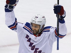 New York Rangers' Boo Nieves celebrates his goal in the first period of an NHL hockey game against the Pittsburgh Penguins in Pittsburgh, Tuesday, Dec. 5, 2017.