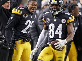 Pittsburgh Steelers wide receiver Antonio Brown (84) celebrates setting up the game winning field goal during the second half of an NFL football game against the Baltimore Ravens in Pittsburgh, Sunday, Dec. 10, 2017. The Steelers won 39-38.
