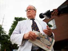 Paul Fromm speaks with reporters outside a memorial for Toronto lawyer Barbara Kulaszka at Richview Public Library on July 12, 2017.