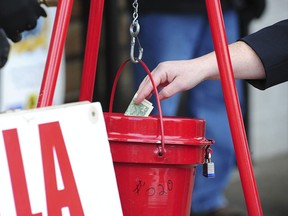 FILE - In this Nov. 22, 2017, file photo, a patron donates money in a Salvation Army red kettle in Wilkes-Barre, Pa. In this season of giving, charity seems to be getting an extra jolt because the popular tax deduction for charitable donations will lose a lot of its punch.