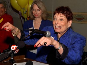 FILE - In this May 20, 2003 file photo, Portland Mayor Vera Katz, right, and County Chair Diane Linn celebrate a solid lead in early returns for the Multnomah County $128 million income tax levy at the headquarters of "Yes on 26-48" in Portland, Ore. Katz, who broke gender barriers to become Oregon's first female House speaker, and also won three terms as Portland mayor, has died at 84.