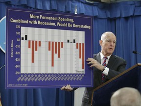 FILE - In this Jan. 7, 2016, file photo, Gov. Jerry Brown holds a budget chart as he discusses his proposed 2016-17 state budget at a news conference in Sacramento, Calif. The ballooning costs are an issue Brown will face in his final year in office despite his earlier efforts to reform the state's pension systems and pay down massive unfunded liabilities.